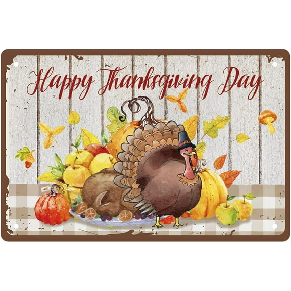 Metal Tin Sign Happy Thanksgiving Funny Turkey Hanging Wall Art Decor Vintage Painting Plaques with Quotes for Party Farmhouse Home Bedroom Office Cafe Pub Bar Holiday Ornament 12 x 8inch