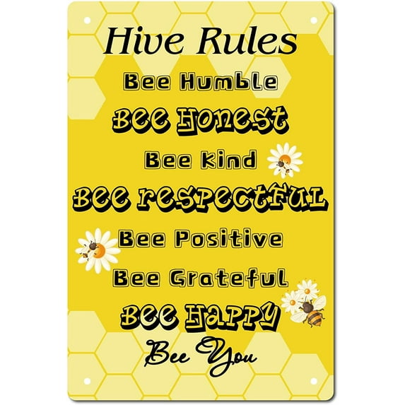 Metal Tin Sign Hive Rules Bee Happy Retro Vintage Funny Wall Decor Art Mural Hanging Iron Painting Poster Plaque for Home Garden Bar Pub Kitchen Living Room Office Garage 8 x 12inch