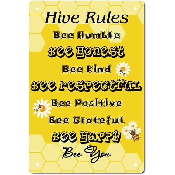 Metal Tin Sign Hive Rules Bee Happy Retro Vintage Funny Wall Decor Art Mural Hanging Iron Painting Poster Plaque for Home Garden Bar Pub Kitchen Living Room Office Garage 8 x 12inch diy