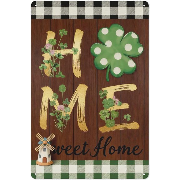 Metal Tin Sign Home Sweet Home Irish Clover Windmill Wall Decor Rustic Farmhouse Vintage Gingham Border Wall Art Plaque 8x12 Inch