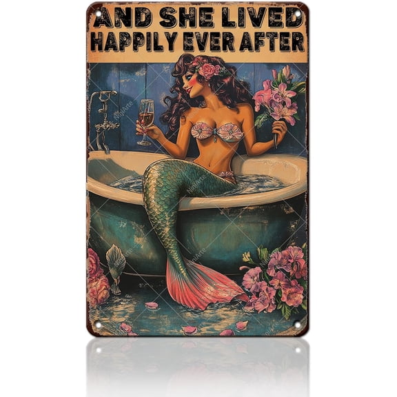 Metal Tin Sign Mermaid Happily Ever After Retro Sign for Kitchen Home Cafe Bar 12x8 Inch