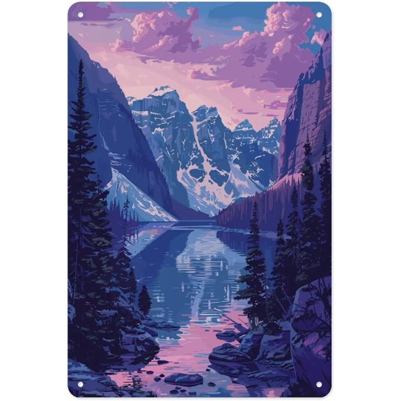 Metal Tin Sign Mountain Lake Sunset Wall Decor Plaque 8 x 12 Inch for Cafe Bar Home