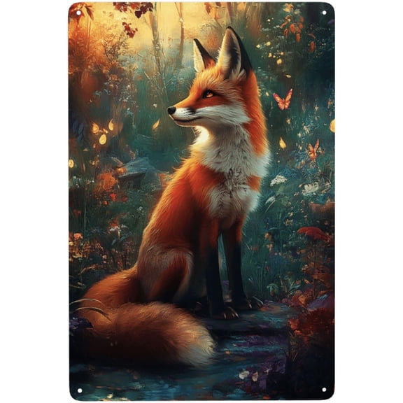 Metal Tin Sign Reddish Foxes on Stone with Colorful Forest and Butterflies Nature Wall Decor Easy to Hang 8x12 Inch