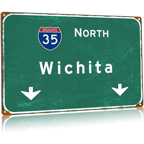 Metal Tin Sign Retro North Wichita Interstate 35 Road Signage Highway Direction Indication Signage Bar Club Restaurant Farmhouse Wall Decor Plaques 16x24 Inches
