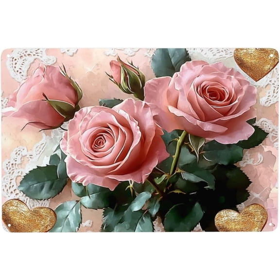 Metal Tin Sign Shabby Chic Lace Rose Wall Decor Aluminum Poster for Home Cottage Boudoir 8x12 Inch Pink