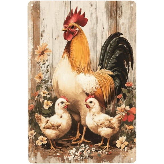 Metal Tin Sign Shabby Chic Rooster Floral Wall Decor Aluminum Poster for Cottage Entryway Decorative Country Farm Plaque 8x12 Inch