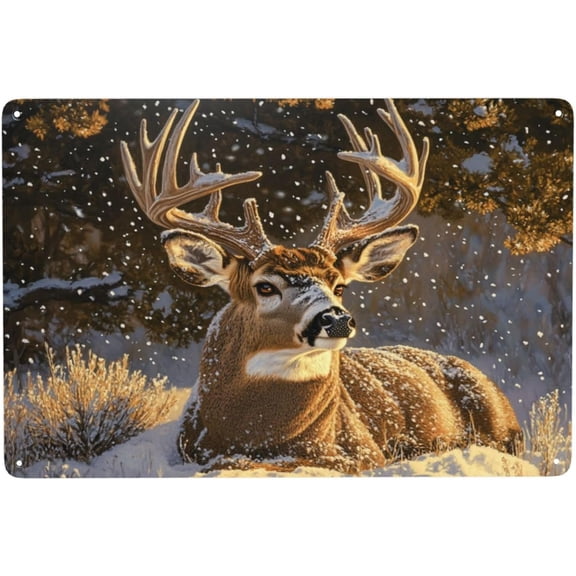Metal Tin SignSnow-Covered Deer In Pine Forests, Winter Wildlife Theme Wall ArtAluminum Posters For Wall Decoration In Living Rooms And Offices 8x12 InchPractical Gift