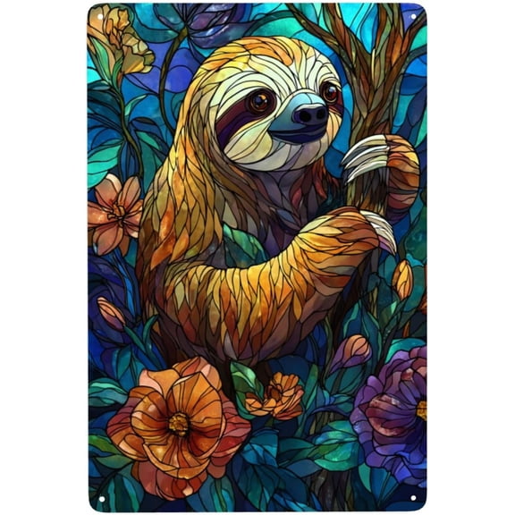 Metal Tin Sign Stained Glass Sloth With Blue Purple Flowers and Jungle Vines Wall Art 8x12 Inch Tinplate Poster Plaque for Living Room