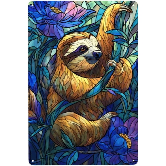 Metal Tin Sign Stained Glass Sloth With Flowers and Jungle Vines 8x12 Inch Vibrant Wall Art Tinplate Poster Plaque for Living Room