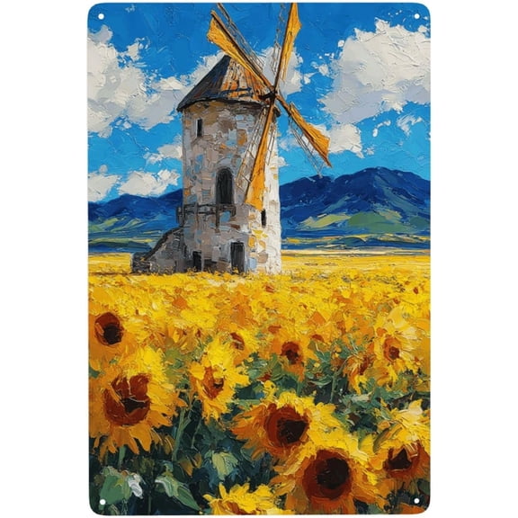 Metal Tin Sign Textured Sunflower Field Windmill Aluminum Wall Decor for Porch Patio 8x12 Inch