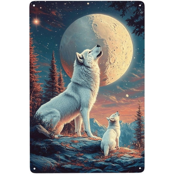 Metal Tin Sign Two White Wolves On Rocky Peak Howling At Full Moon Wall Decor 8x12 Inch