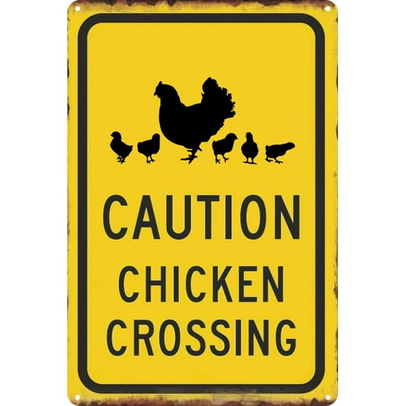 Metal Tin Sign Vintage Black Yellow Caution Chicken Crossing Funny Decoration for Farmhouse Chicken Coop Wall Decor 12x8 Inches