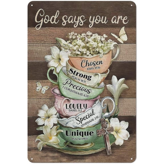 Metal Tin Sign Vintage Coffee Tea Cup Sign Flower Kitchen Decor Wall Art God Says You are Rustic Cross Wall Decor Christian Prints Artwork for Coffee Tea Bar Cafe 8x12inch