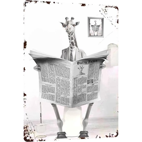Metal Tin Sign Vintage Giraffe Toilet Reading Newspaper Humour Funny Animal Whimsy Animal for Home, Bathroom and Toilet Wall Decor 12x8 Inches(805)