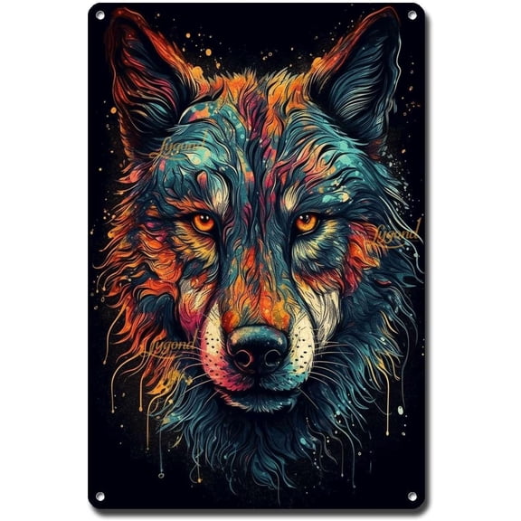 Metal Tin Sign Vintage Gray Wolf Psychedelic Wall Art Bathroom and Bar Decor 8 x 12 Inches