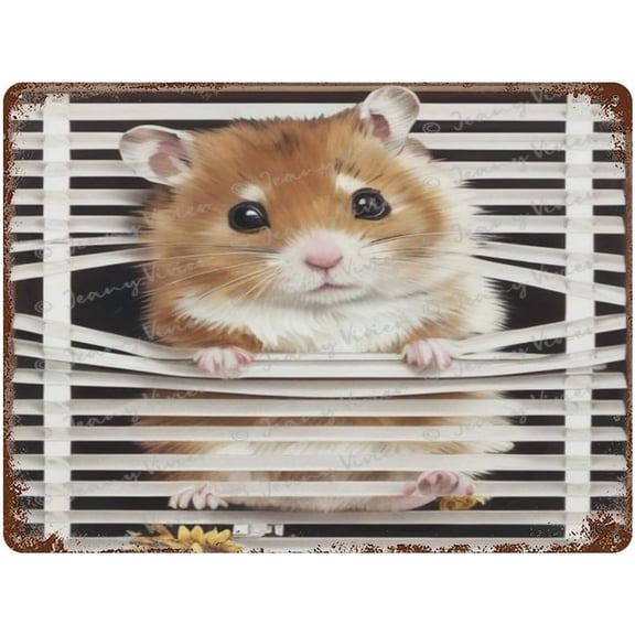 Metal Tin Sign Vintage Hamster Climbing Window Tin Sign Funny Home Bedroom Bathroom Garden Office Room Birthday Anniversary Housewarming Gift 12x16 Inch