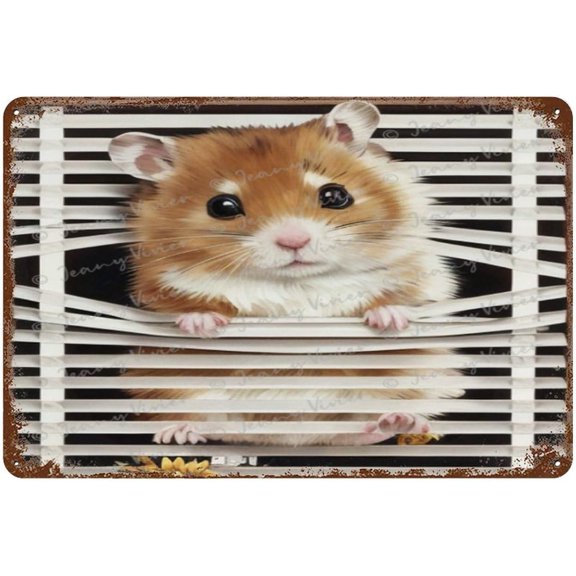 Metal Tin Sign Vintage Hamster Climbing Window Tin Sign Funny Home Bedroom Bathroom Garden Office Room Birthday Anniversary Housewarming Gift 8x12 Inch