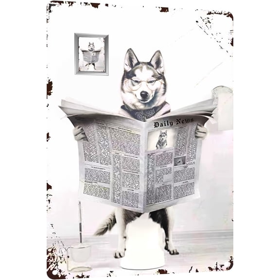 Metal Tin Sign Vintage Husky Toilet Reading Newspaper Humour Funny Animal Whimsy Animal for Home, Bathroom and Toilet Wall Decor 12x8 Inches(809)