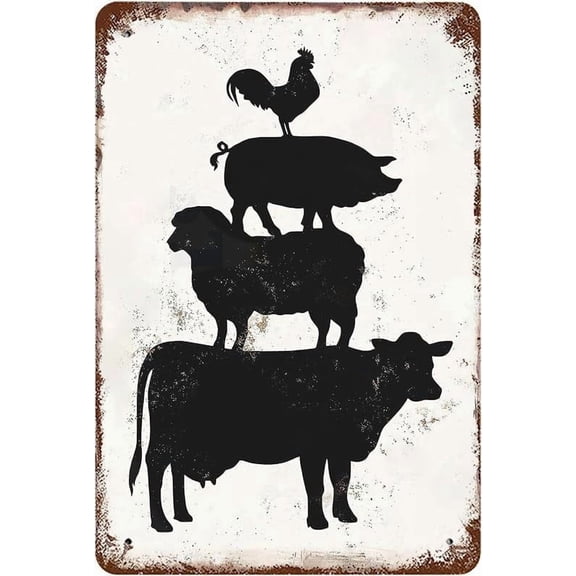 Metal Tin Sign Vintage Rustic Farm Animals, Wall Decor Stacked Cattle Sheep Cow Pig Chicken Poster Art for Home Living Room Bedroom Garden Garage Office Cafe Bar Pub 8x12 inches