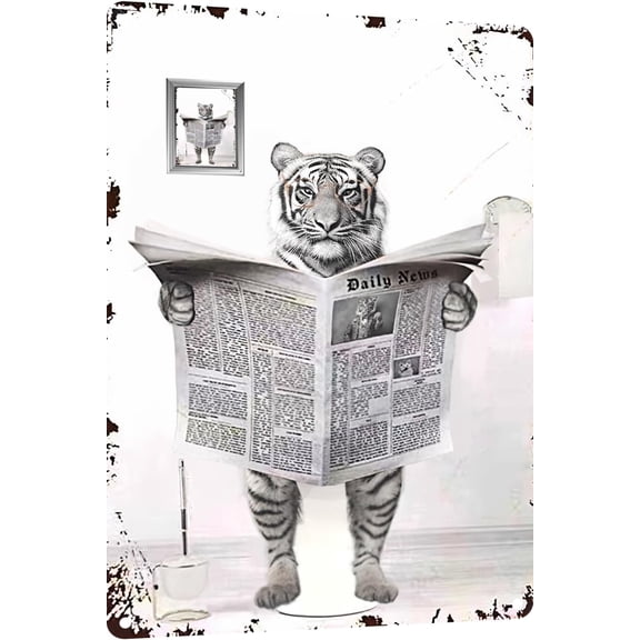 Metal Tin Sign Vintage Tiger Toilet Reading Newspaper Humour Funny Animal Whimsy Animal for Home, Bathroom and Toilet Wall Decor 12x8 Inches(821)