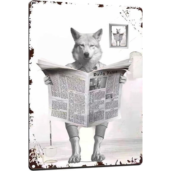 Metal Tin Sign Vintage Wolf Toilet Reading Newspaper Humour Funny Animal Whimsy Animal for Home, Bathroom and Toilet Wall Decor 12x8 Inches(819)