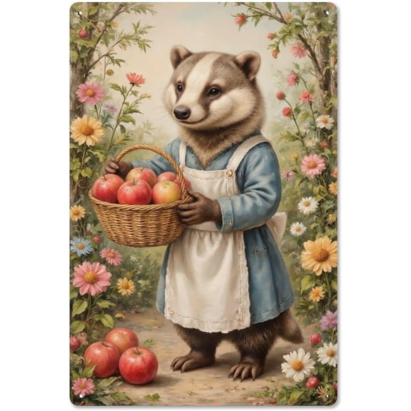 Metal Tin Sign Wall Decor, Badger With Apples Floral Garden Design, 8 x 12 Inch Decorative Plaque for Home Bathroom Kitchen Bar Garage Indoor Outdoor