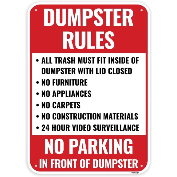 Metal Tin Signs Dumpster Rules Sign, 8x12inch - - Private Dumpster No Trash Signage