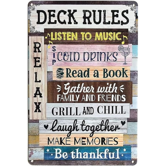 Metal Tin Signs Gift for Home Porch Bar Front Yard Wall Decor Back yard Tiki Bar Hot Tub Poster 8x12 inch (Deck Rules)