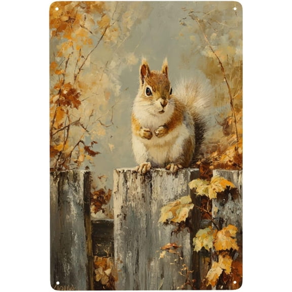 Metal Tin Signs, Textured Oil Painting Autumn Forests Squirrel Artwork Wall Decor Aluminum Poster, Rustic Nature Decor For Wildlife Art CollectorsMake The Space Lively 8x12 Inch
