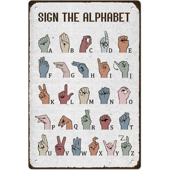 Metal Tin Signs Vintage American Sign Language Alphabet Educational ABC Art Iron Rustic Wall Decor Plaque Classroom Wall Decor Metal Poster Decor DIY