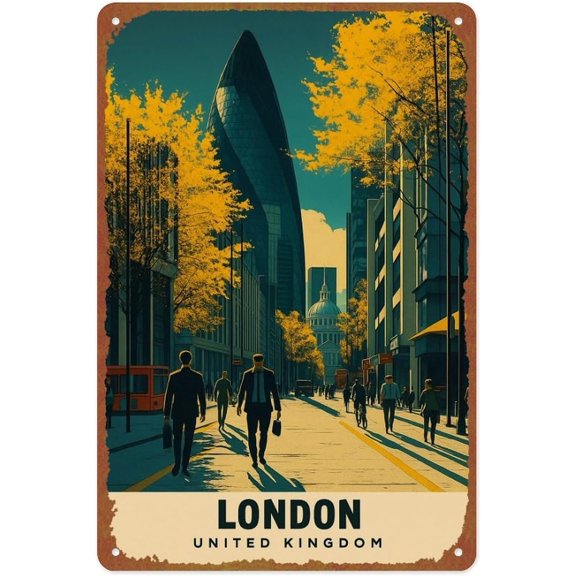 Metal Tin Wall Sign London Print Vintage Decor Poster for Cafe Bar Restaurant Supermarket Shop 8 x 12 Inches