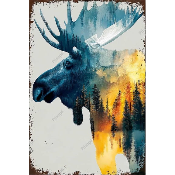 Metal Tin Wall Sign with Moose Head and Forest Landscape Art, Nature Cabin Lodge Decor for Living Room, 8 x 12 Inch