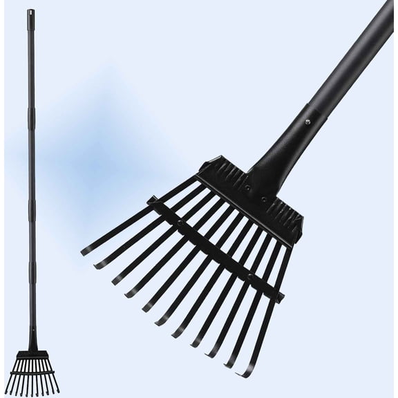 Metal Tines Narrow Leaf Rake with Adjustable Steel Handle for Lawns, Camping, Flower Beds, Mulch and Shrub
