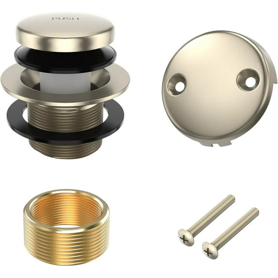All Metal Tip-Toe Bathtub Drain Kit with Two-Hole Overflow Faceplate and Universal Fine/Coarse Thread Assembly, Bath Tub Drain Kit fits All Bathtub -Brushed Nickel