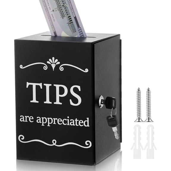 Metal Tips Jar with Lock, Donation Tip Bucket 6 x 6 x 8.6 Inch Collection Money Storage Container Suggestion Container Raffle Cash Container for Bartender Bars Restaurants Musicians Driver Coin