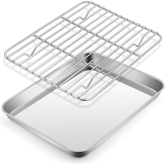 Metal Toaster Oven Tray Set, 10.5x8.3 Small Stainless Steel Baking Pan with Wire Rack for Cooking Broiling, Rimmed Metal Sheet for Roasting Cooling Cookie Bacon Steak