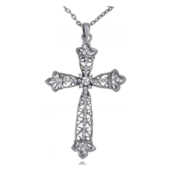 Metal Tone Leaf Ended Cross Vintage Inspired Vines Crystal Element Necklace