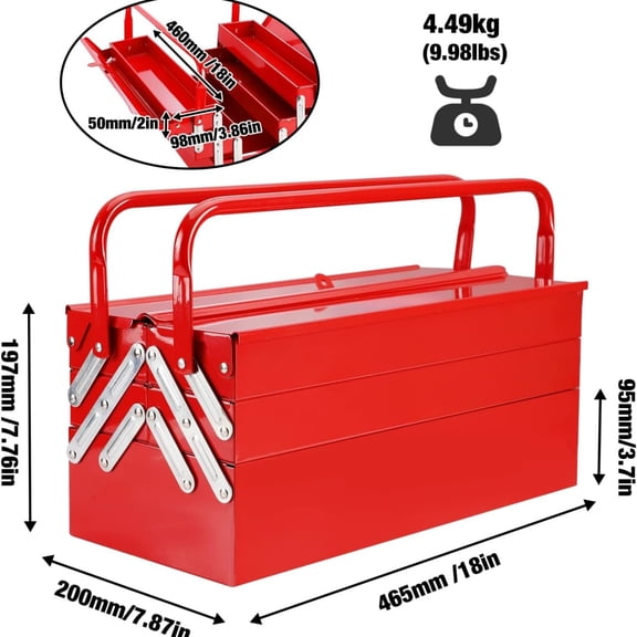 Metal Tool Box, 18-inch Cantilever Folding Red Storage Box, 3-Layer 5-Tray Multi-Function Tool Organizer, Red