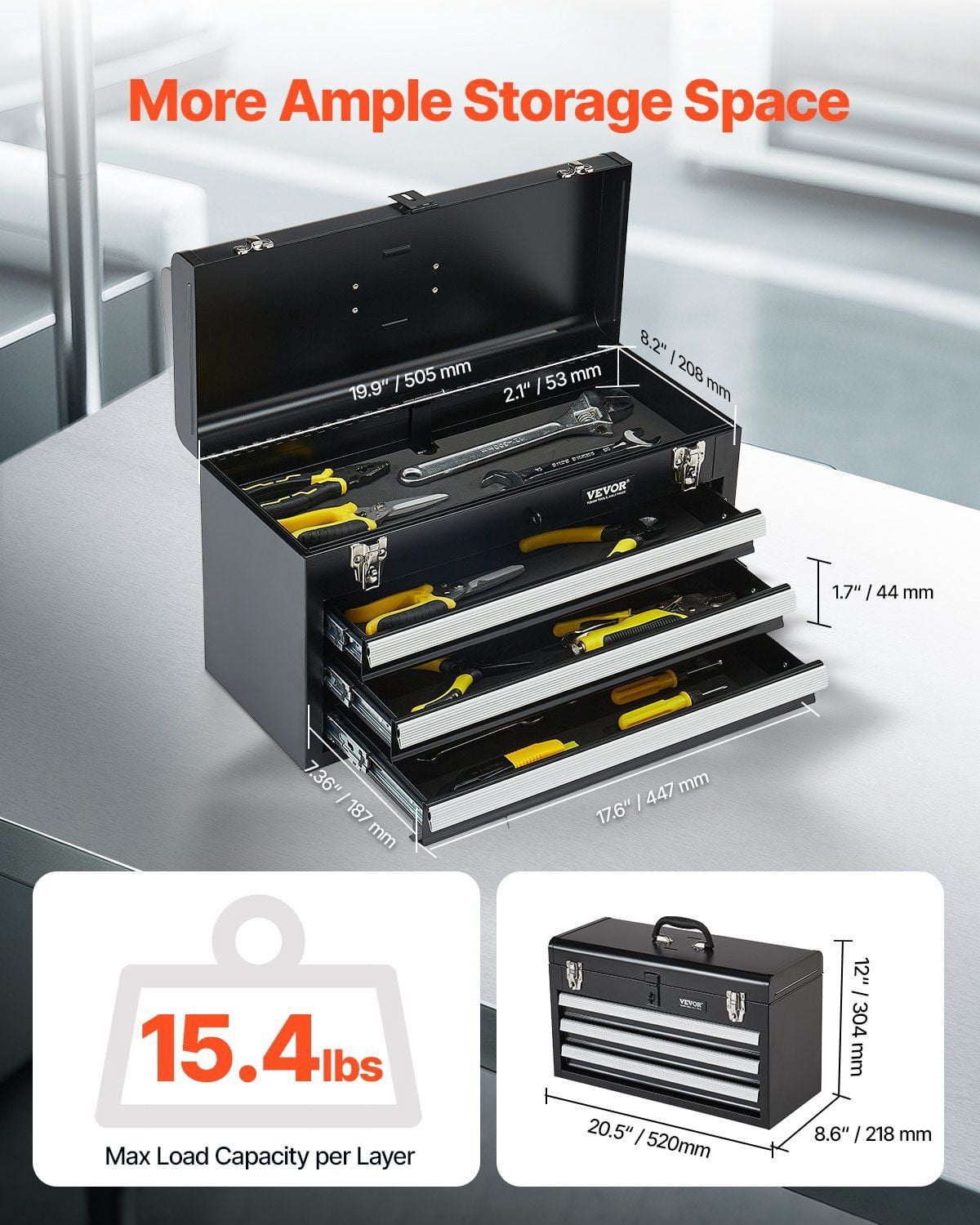 Metal Tool Box,20.5-",Portable Metal Tool Box with 3 Drawers,Small Tool ...