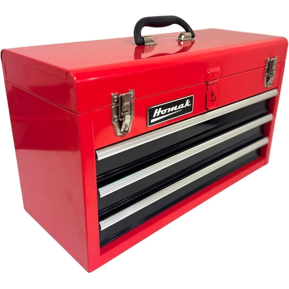 Metal Tool Box, 20-inch, Portable Tool Box with 3 Drawers, Small Tool Chest with EVA Liners, Ball Bearing Slide Drawers Locking & Gloss Finish, Multi-Function Tool Organizer
