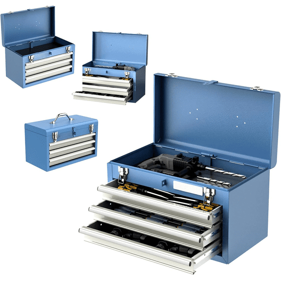 Metal Tool Box,3 Drawer Tool Box with Top Storage Tray, Portable Tool Chest with Locking System and Drawer Liner, Hand Carrying Tool Chest for Garage,Home or Workbench