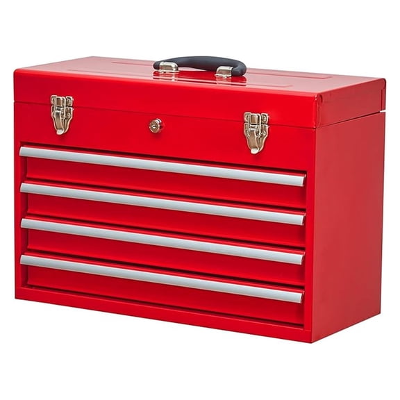 Metal Tool Box with 4 Drawers Portable Steel Tool Chest with Metal Cylinder Lock and Closure, Liner, Red Powder Coating, Suitable for Garage, Warehouse and Outdoor Repair Job-Red