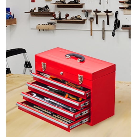 Metal Tool Box with 4 Drawers Portable Steel Tool Chest with Metal Cylinder Lock and Latch Closure, Liner, Red Powder coating, suitable for Garage, Warehouse and Outdoor Repair job-Red