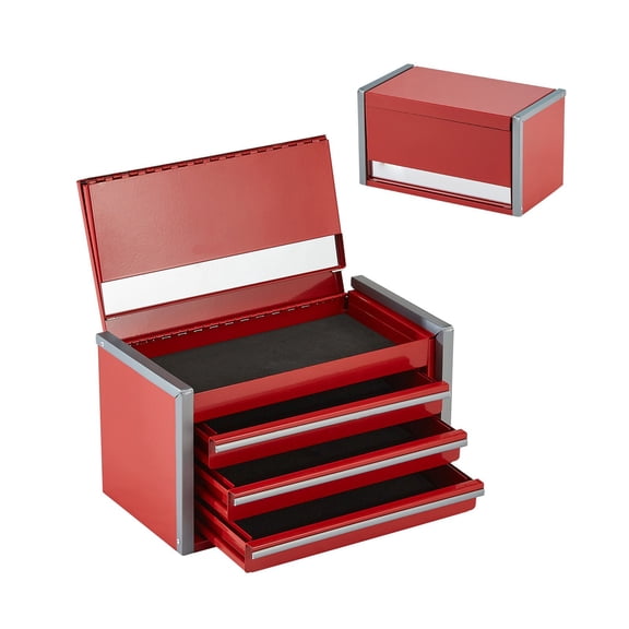 8.6-Inch Portable Metal Tool Box with 3 Drawers, Heavy-Duty Steel Construction, Ball Bearing Sliding Drawers, EVA Liners, PP Feet Pads, Red Powder Coated Finish for Workshop Office Home Storage