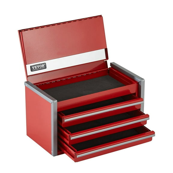 Metal Tool Box, 8.6-inch, Portable Metal Tool Box with 3 Drawers, Small Tool Chest with EVA Liners and PP Feet Pads, Heavy-Duty Steel With Ball Bearing Opening and Powder Coated Finish, Red