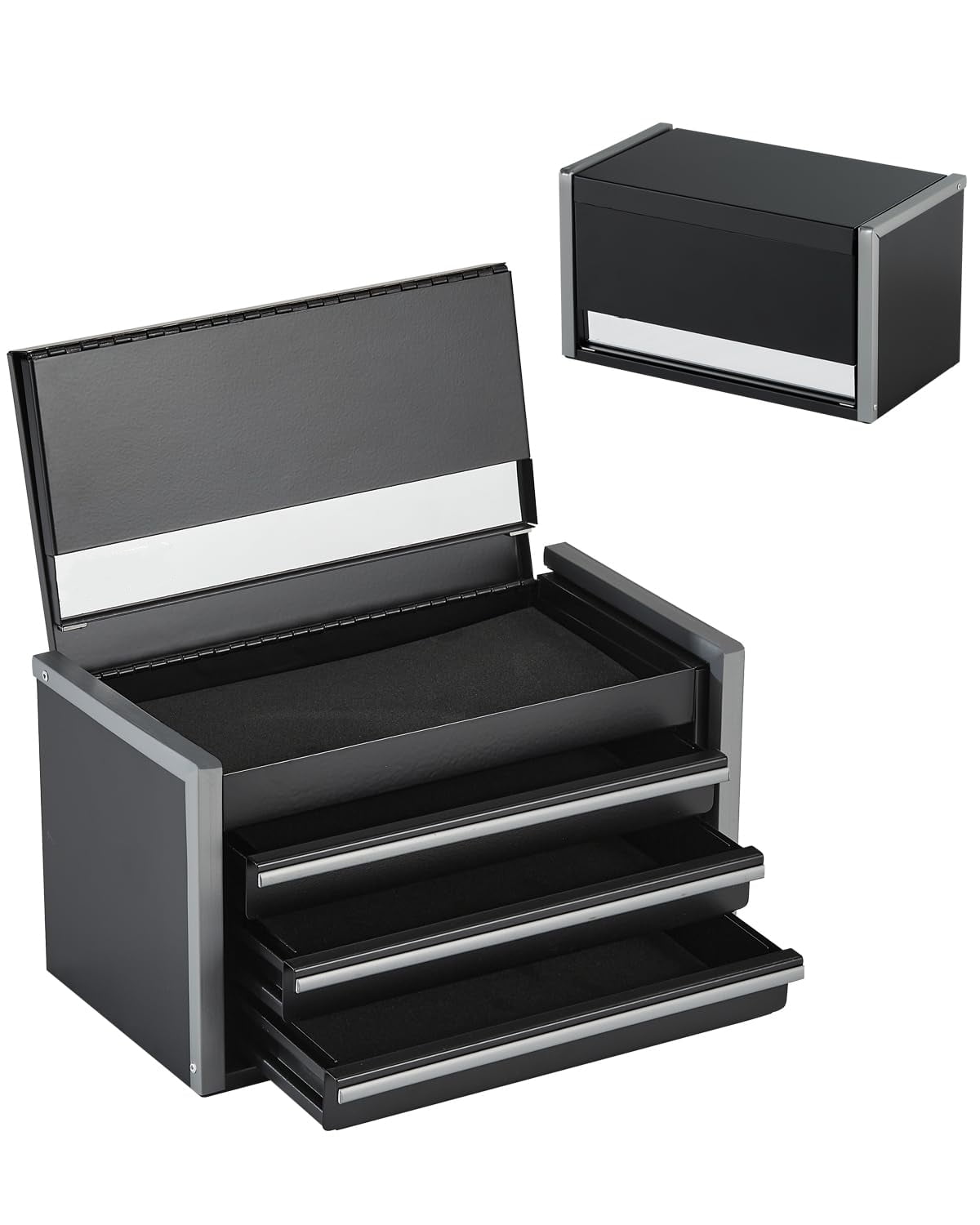 Metal Tool Box, 8.6-inch, Portable Metal Tool Box with 3 Drawers, Small Tool Chest with EVA Liners and PP Feet Pads, Heavy-Duty Steel With Ball Bearing Opening and Powder Coated Finish, Black
