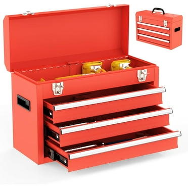 Metal Tool Box, Portable Metal Tool Box with 3 Drawers, Steel Tool chest with Liners and Latches Closure, Heavy Duty Steel with Ball-Bearing Slides and Powder Coated Finish