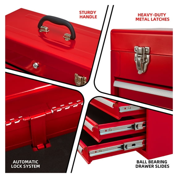 Metal Tool Box with 4 Drawers, Portable Steel Tool Chest with Lock - Red/Black Bean paste red + Carbon steel