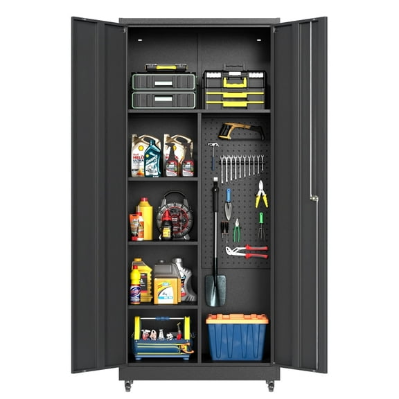 Coolsun Metal Garage Storage Cabinet with Locking Doors, 71" H Rolling Tool Storage Cabinet with Wheels, Tall Storage Cabinet with Adjustable Shelves for Office Home,Garage,Shop-Black