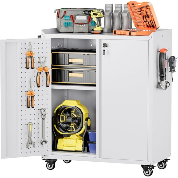 Metal Tool Cabinet with Pegboard and Hooks,Garage Storage Cabinet with Wheels and 2 Lockable Doors for Garage,Home,Office,Assembly Required,White,13.8" D x 26" W x 34.3" H